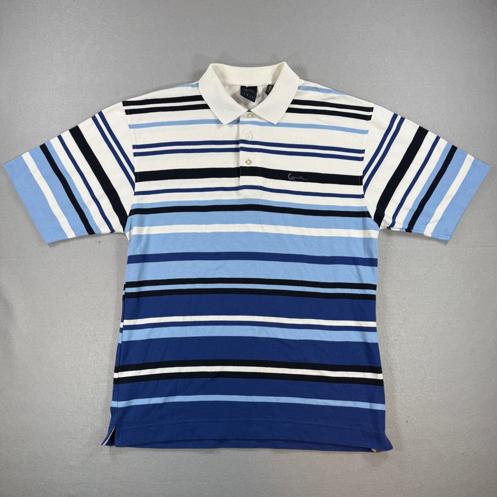 Karl Kani Gold Polo Shirt Mens Large Blue Striped Short Sleeve Cotton Preppy Y2K